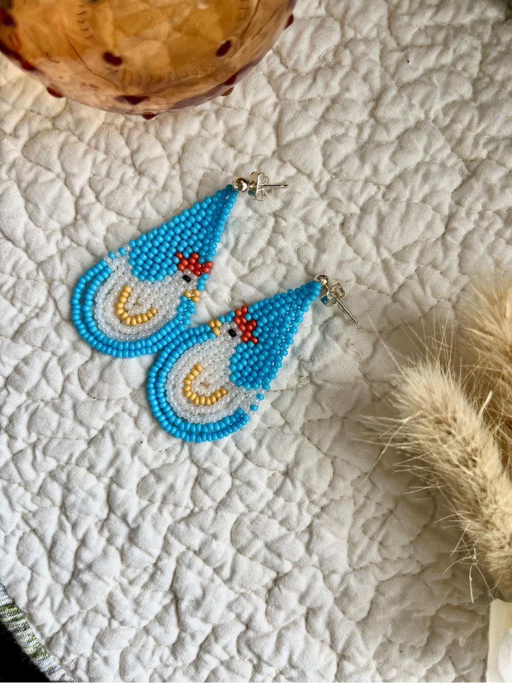 Handmade Chicken Teardrop Beaded Earrings in Turquoise & White